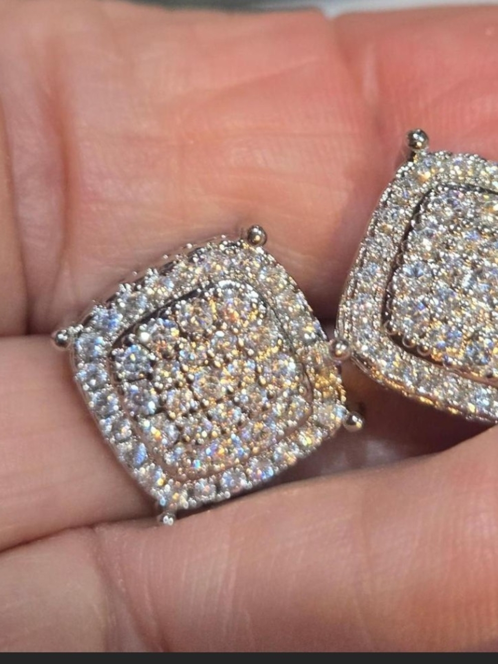 Lab Diamond Pave Cushion Stud Earrings - White Gold Tone Sterling Silver